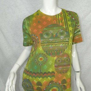 Adamant T-Shirt Green Owl Print Boho Chic Small
